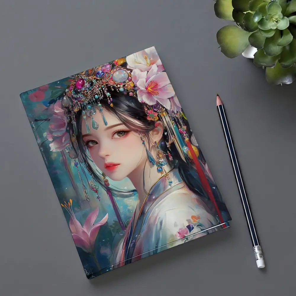 Chinese Fantasy Girl Floral Jeweled Headdress Art – Notebooks