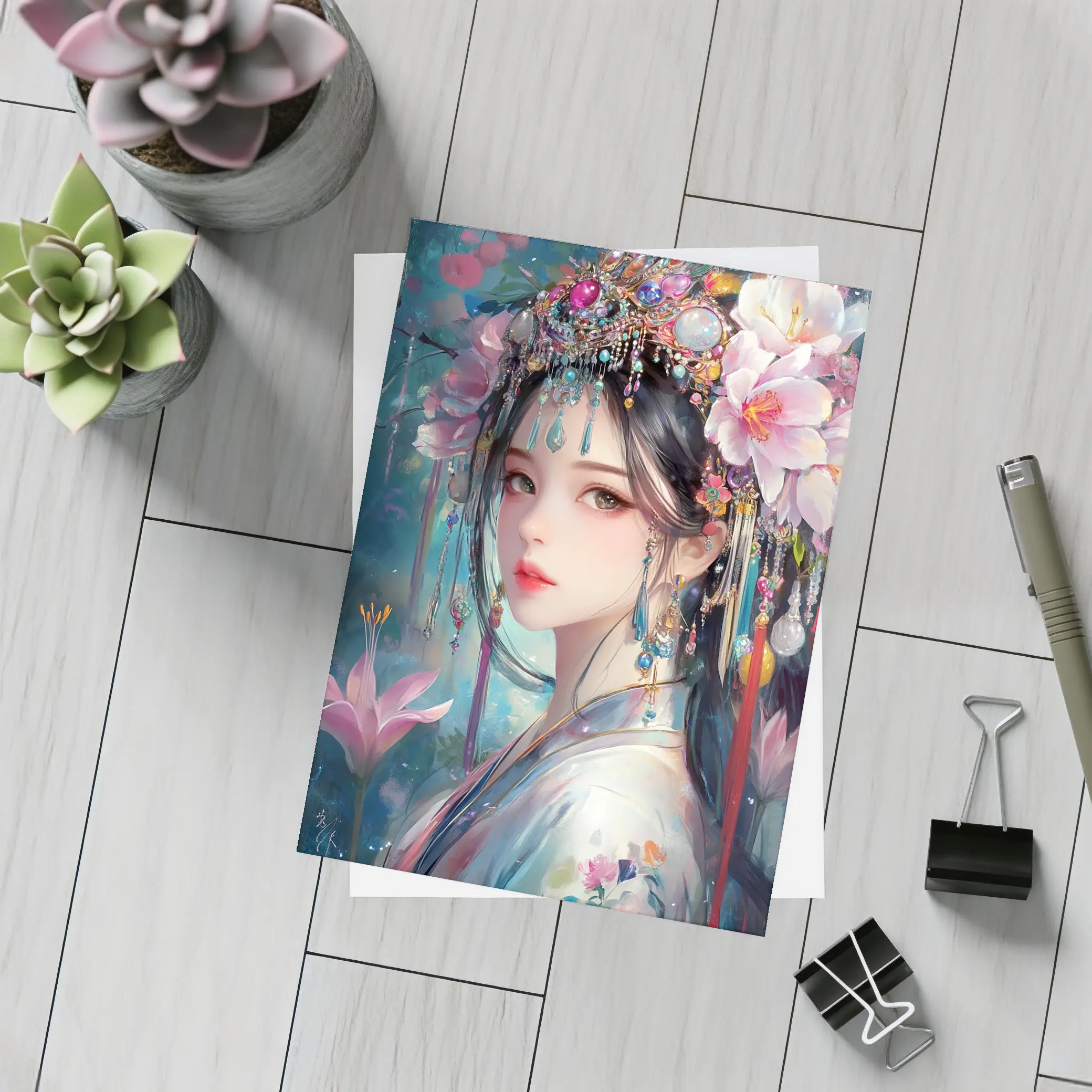 Chinese Fantasy Girl Floral Jeweled Headdress Art – Postcards
