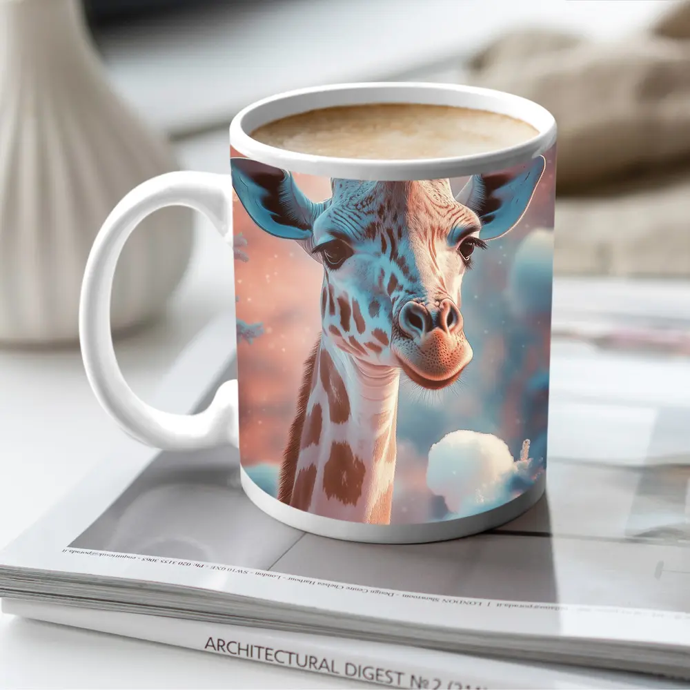 Giraffe Portrait Soft Pink Winter Snow – Mugs