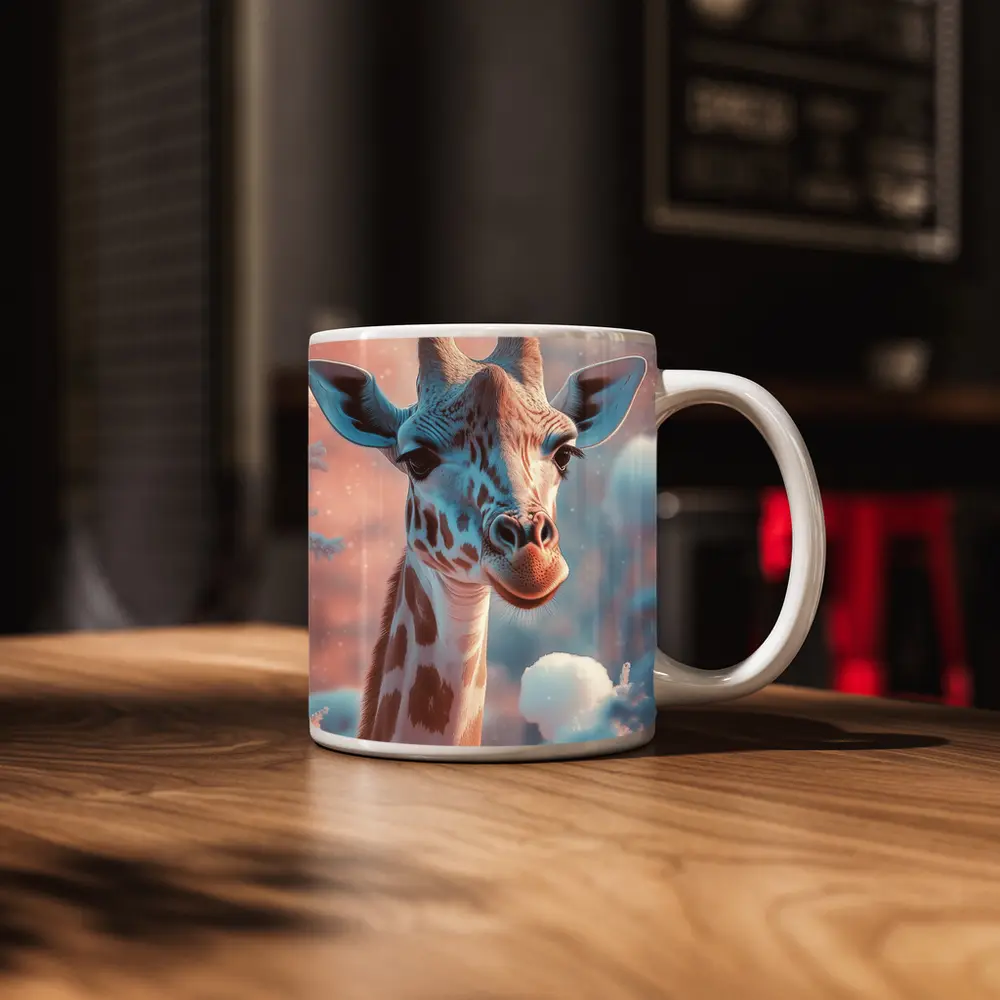 Giraffe Portrait Soft Pink Winter Snow – Mugs