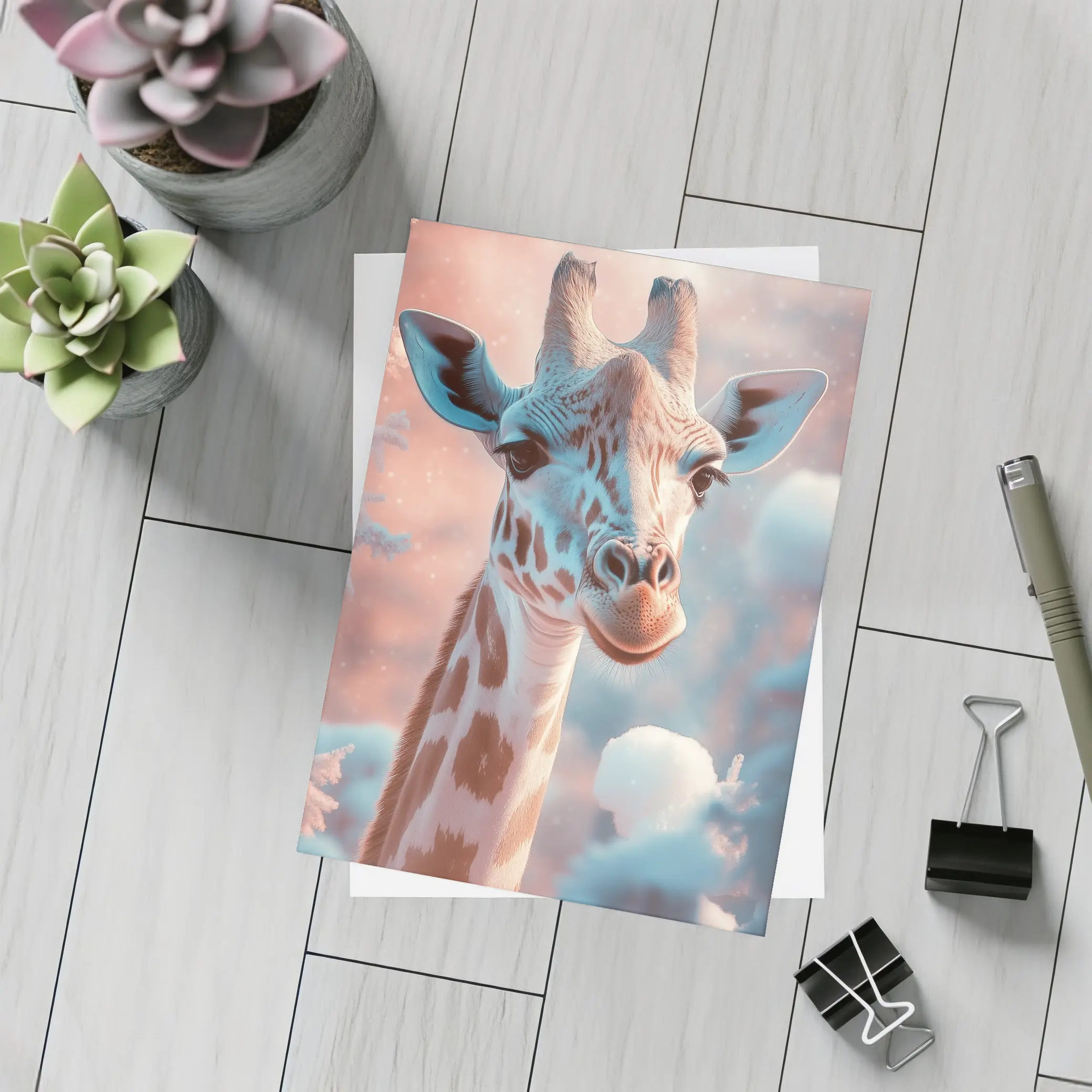 Giraffe Portrait Soft Pink Winter Snow – Postcards