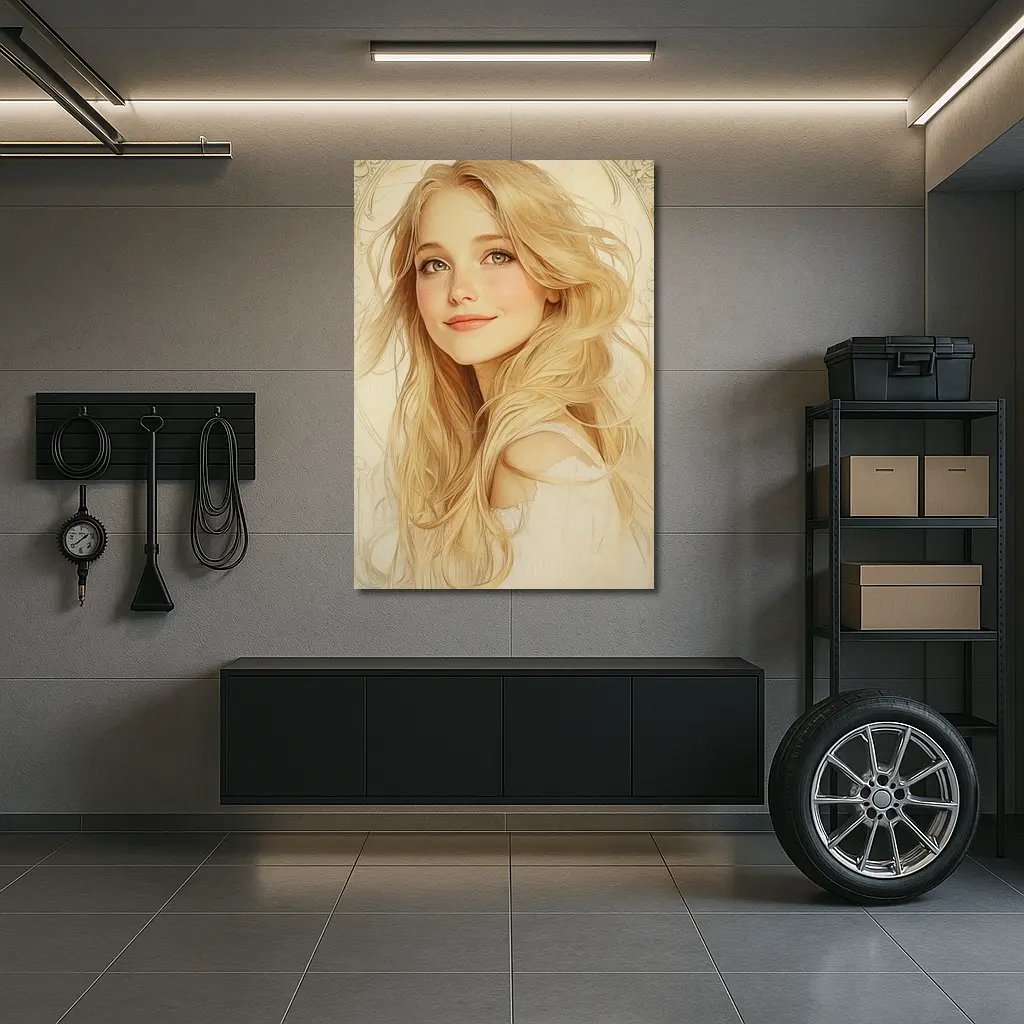 Blonde Girl Art Nouveau Soft Beige Portrait – Wall Art