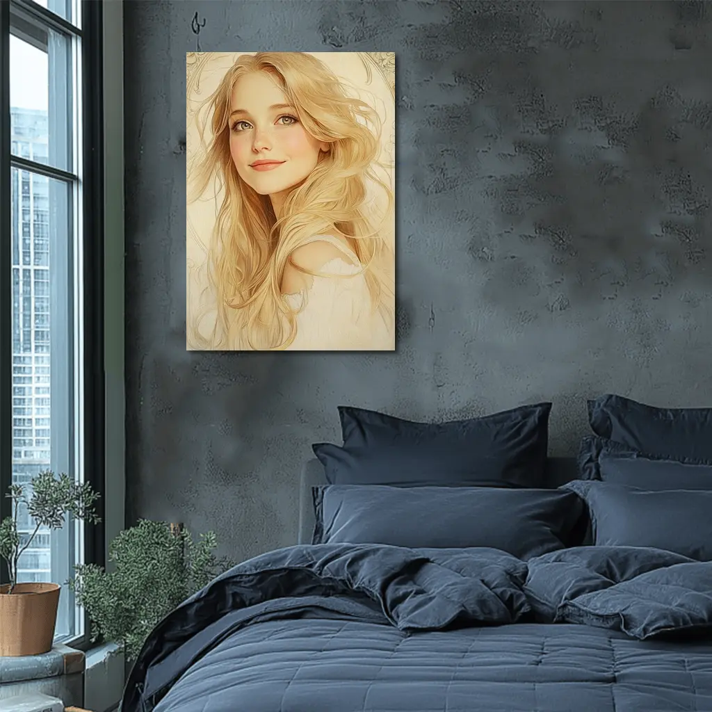Blonde Girl Art Nouveau Soft Beige Portrait – Wall Art