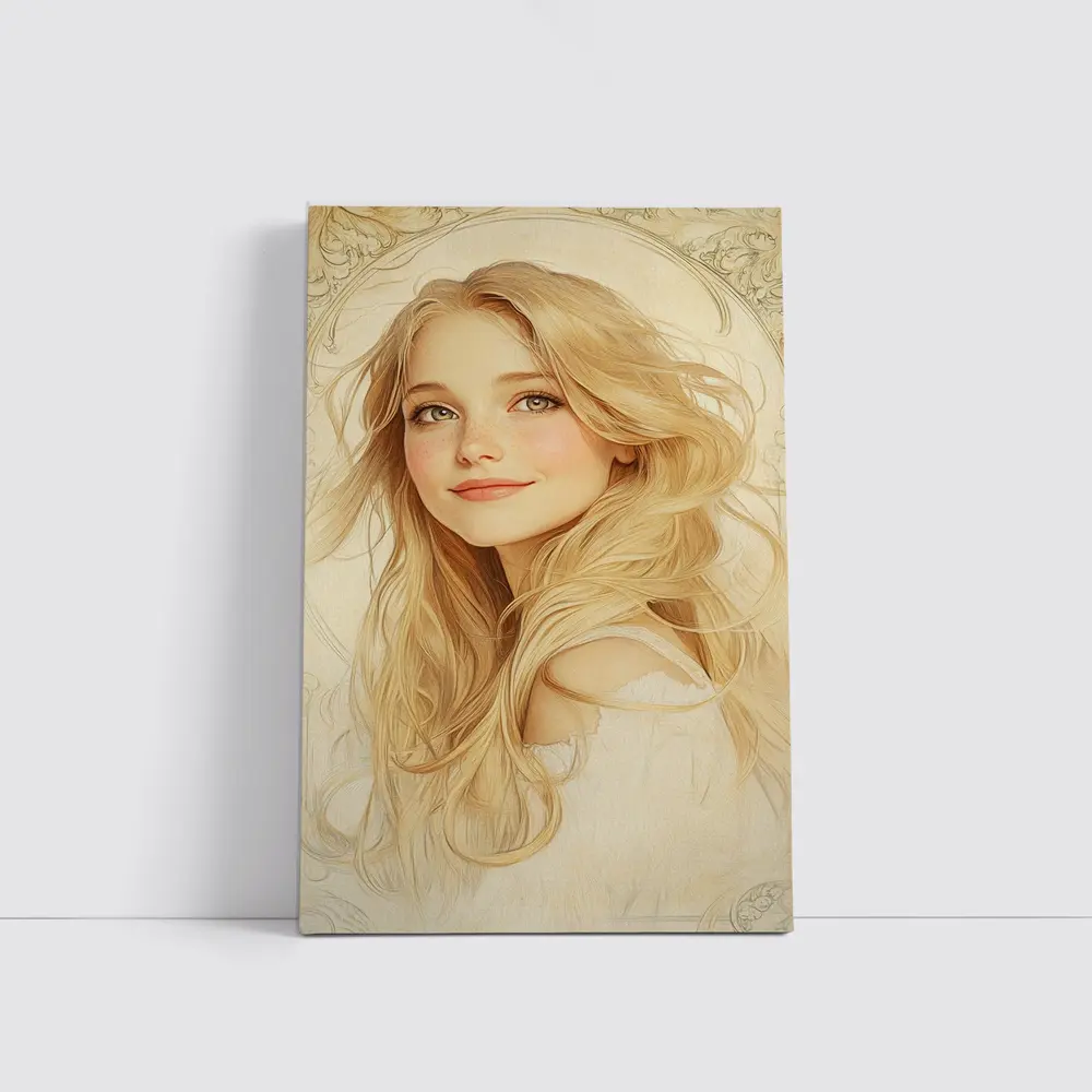 Blonde Girl Art Nouveau Soft Beige Portrait – Wall Art