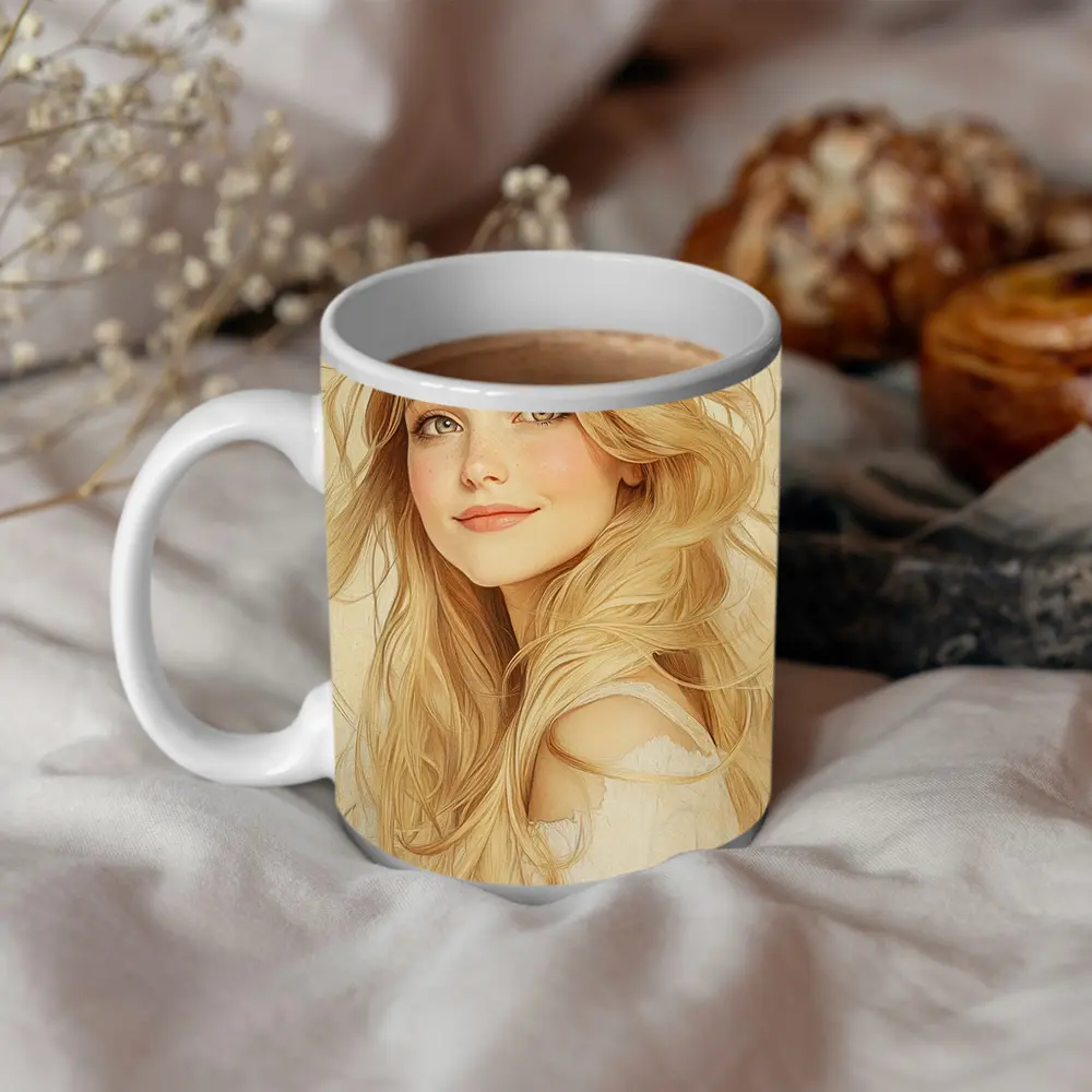 Blonde Girl Art Nouveau Soft Beige Portrait – Mugs