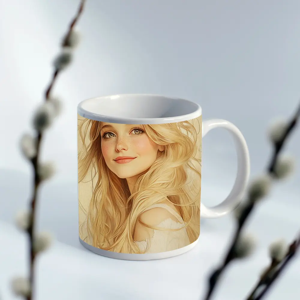 Blonde Girl Art Nouveau Soft Beige Portrait – Mugs