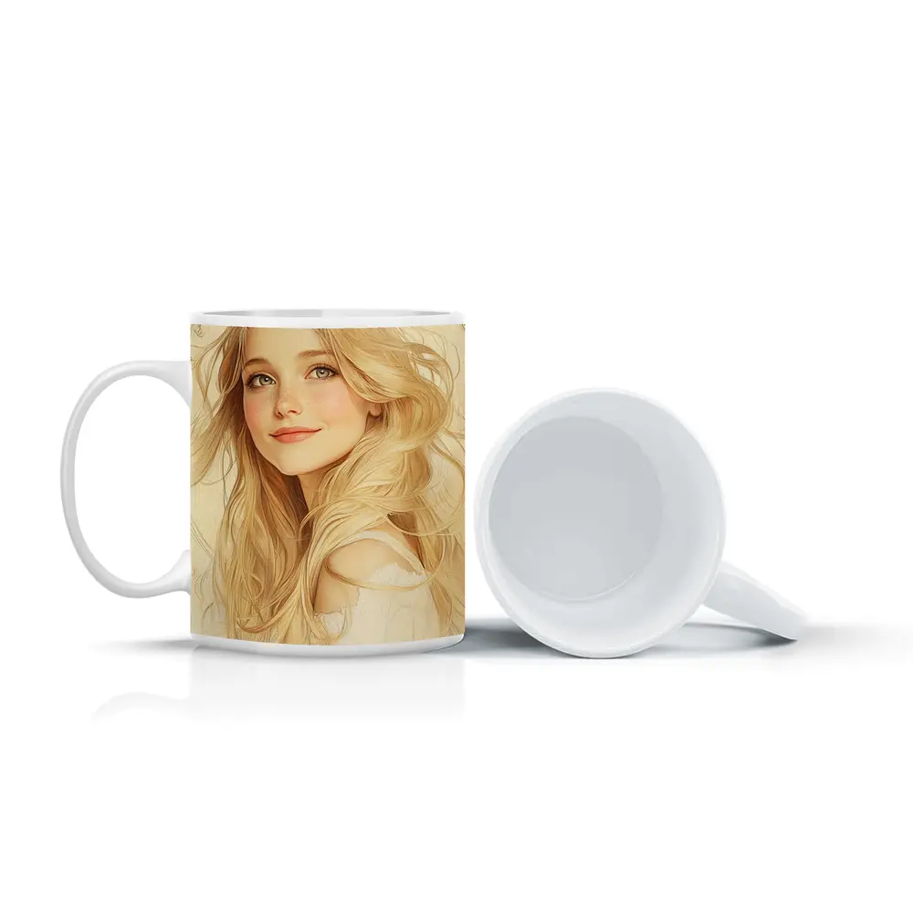 Blonde Girl Art Nouveau Soft Beige Portrait – Mugs