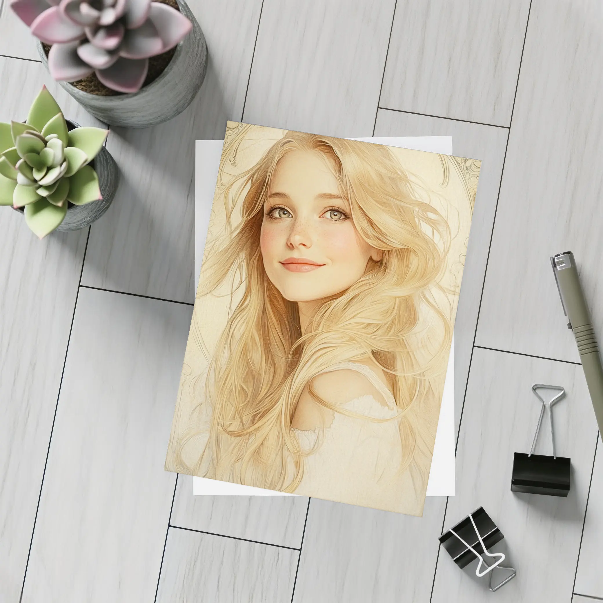 Blonde Girl Art Nouveau Soft Beige Portrait – Postcards