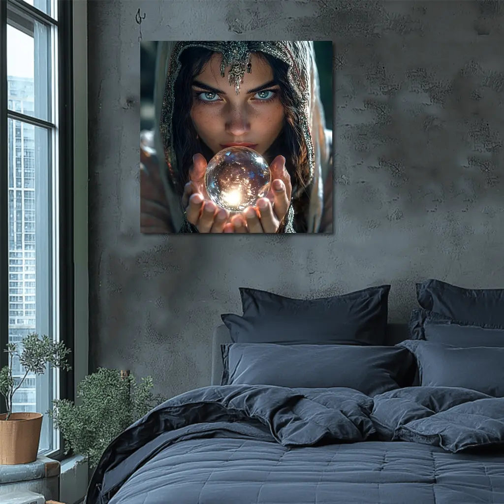 Mystic Woman Holding Glowing Crystal Ball – Wall Art