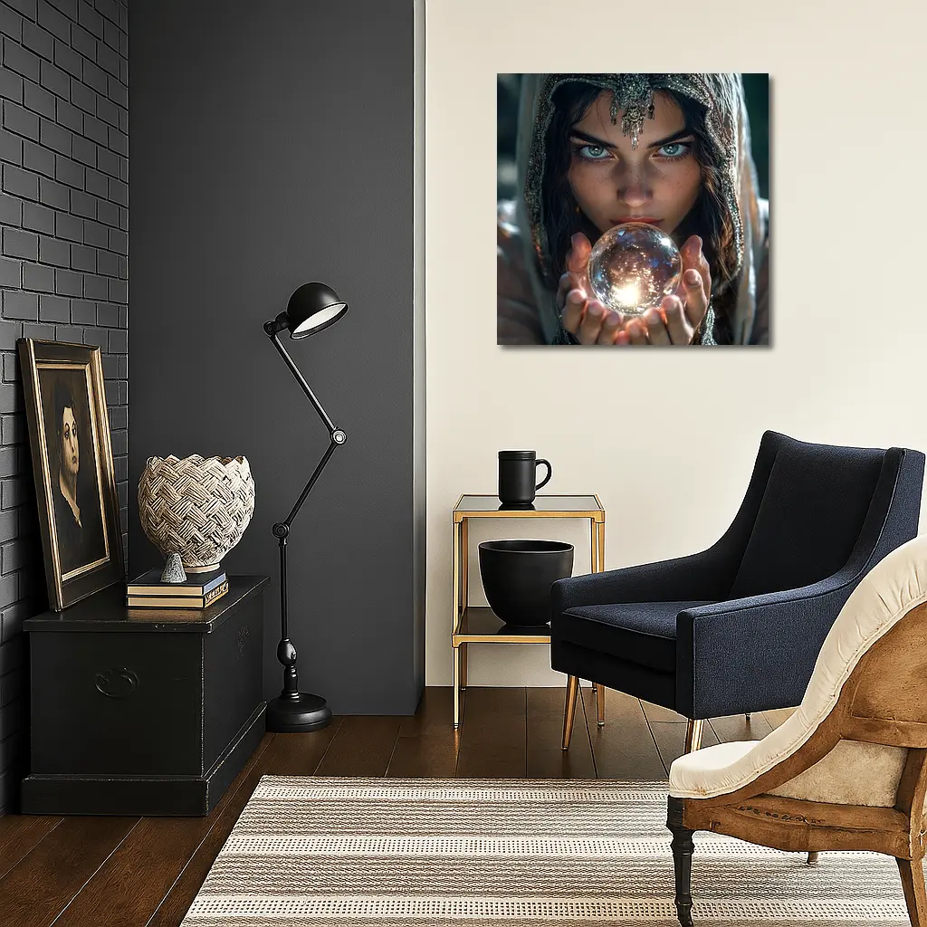 Mystic Woman Holding Glowing Crystal Ball – Wall Art