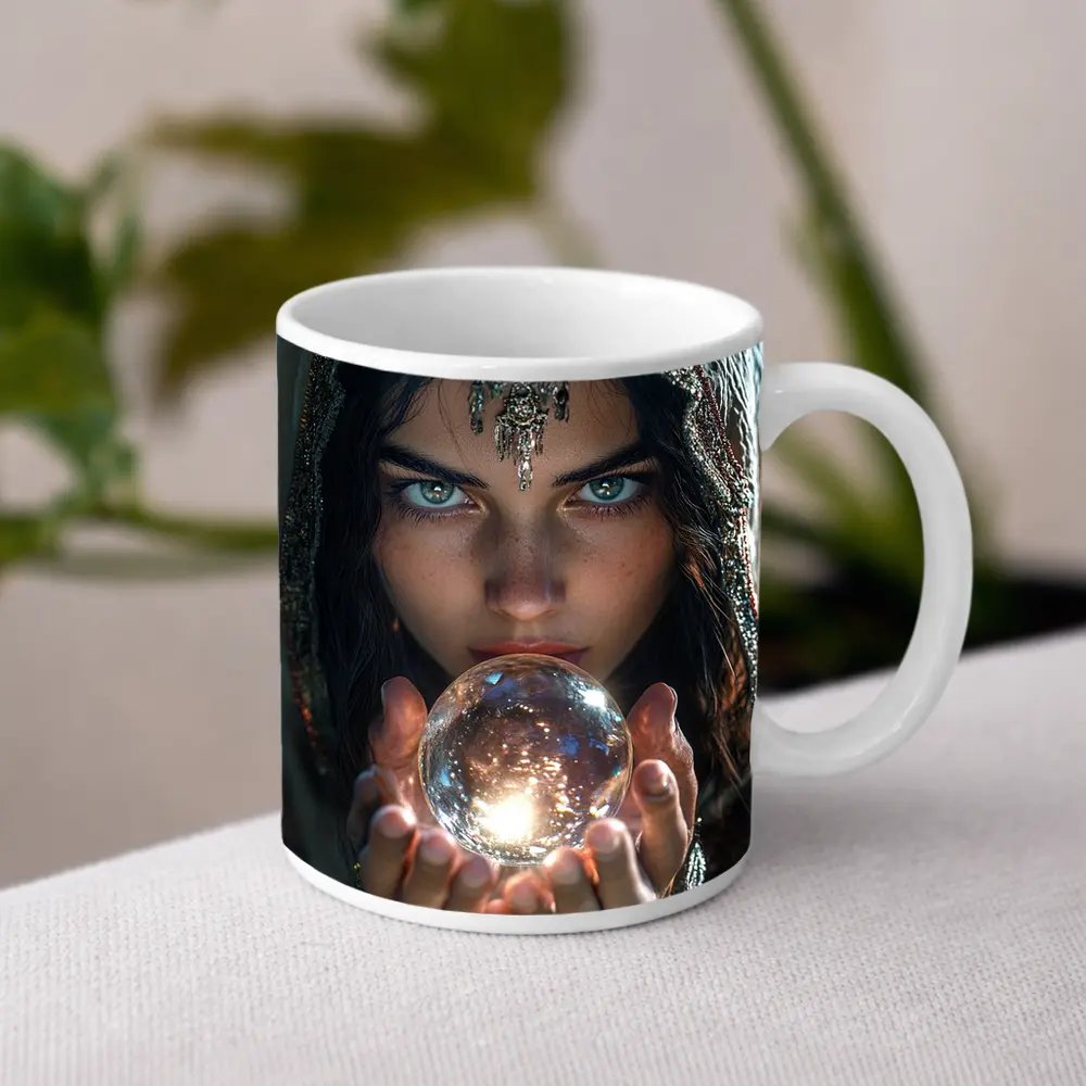 Mystic Woman Holding Glowing Crystal Ball – Mugs