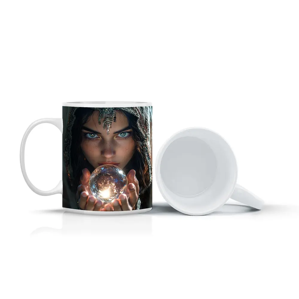 Mystic Woman Holding Glowing Crystal Ball – Mugs