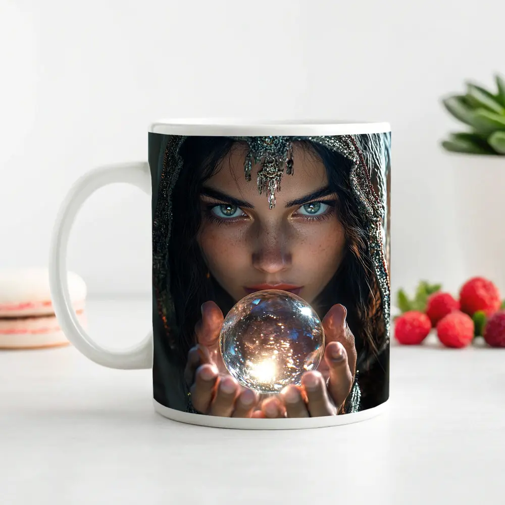 Mystic Woman Holding Glowing Crystal Ball – Mugs