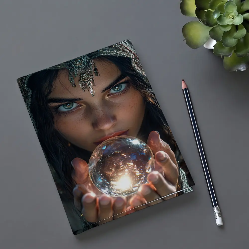 Mystic Woman Holding Glowing Crystal Ball – Notebooks