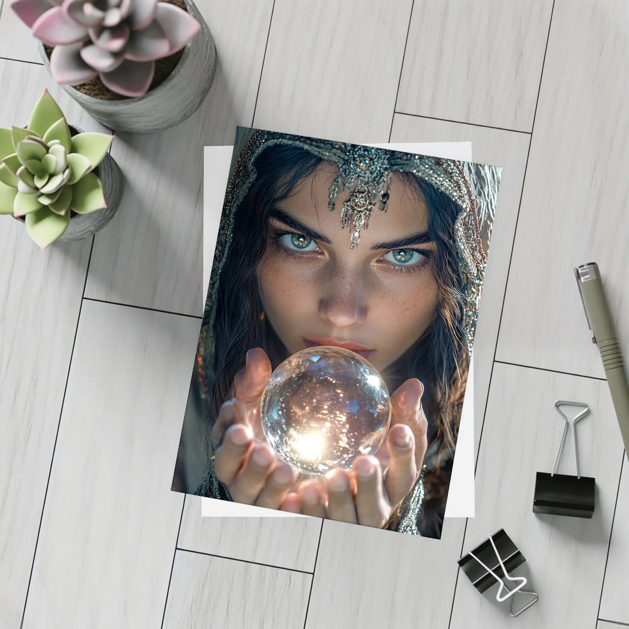 Mystic Woman Holding Glowing Crystal Ball – Postcards