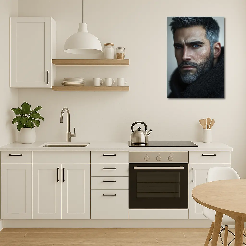 Silver Haired Man Blue Eyes Dark Portrait – Wall Art