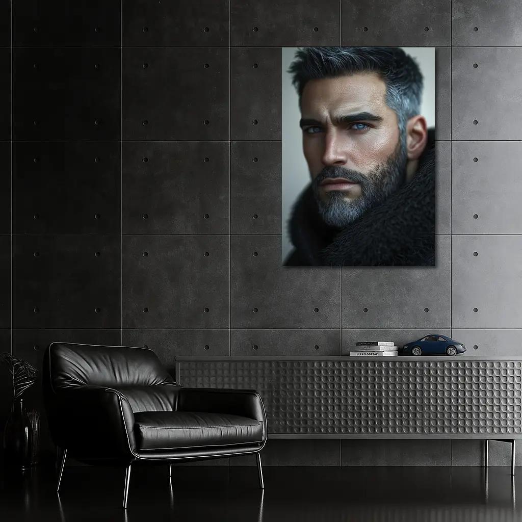Silver Haired Man Blue Eyes Dark Portrait – Wall Art