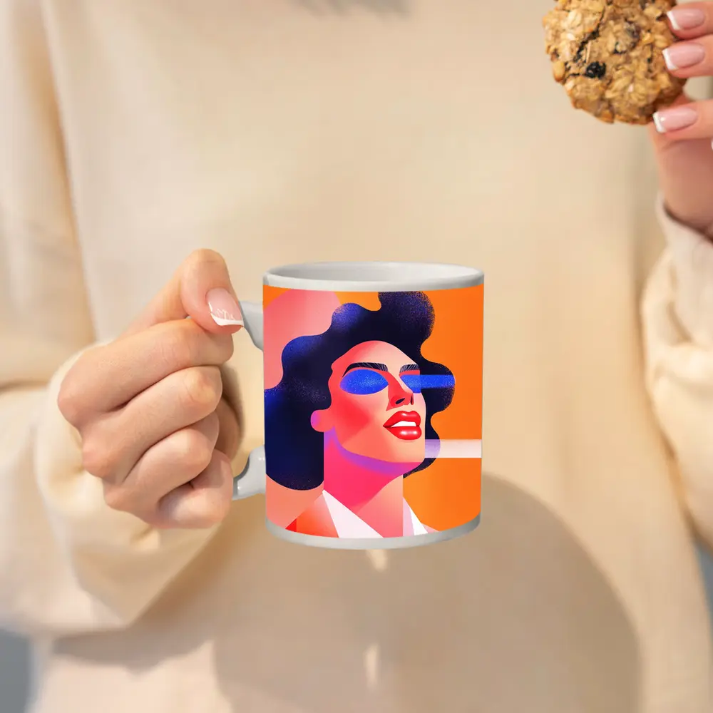 Bold Woman Portrait Geometric Pop Art Orange – Mugs