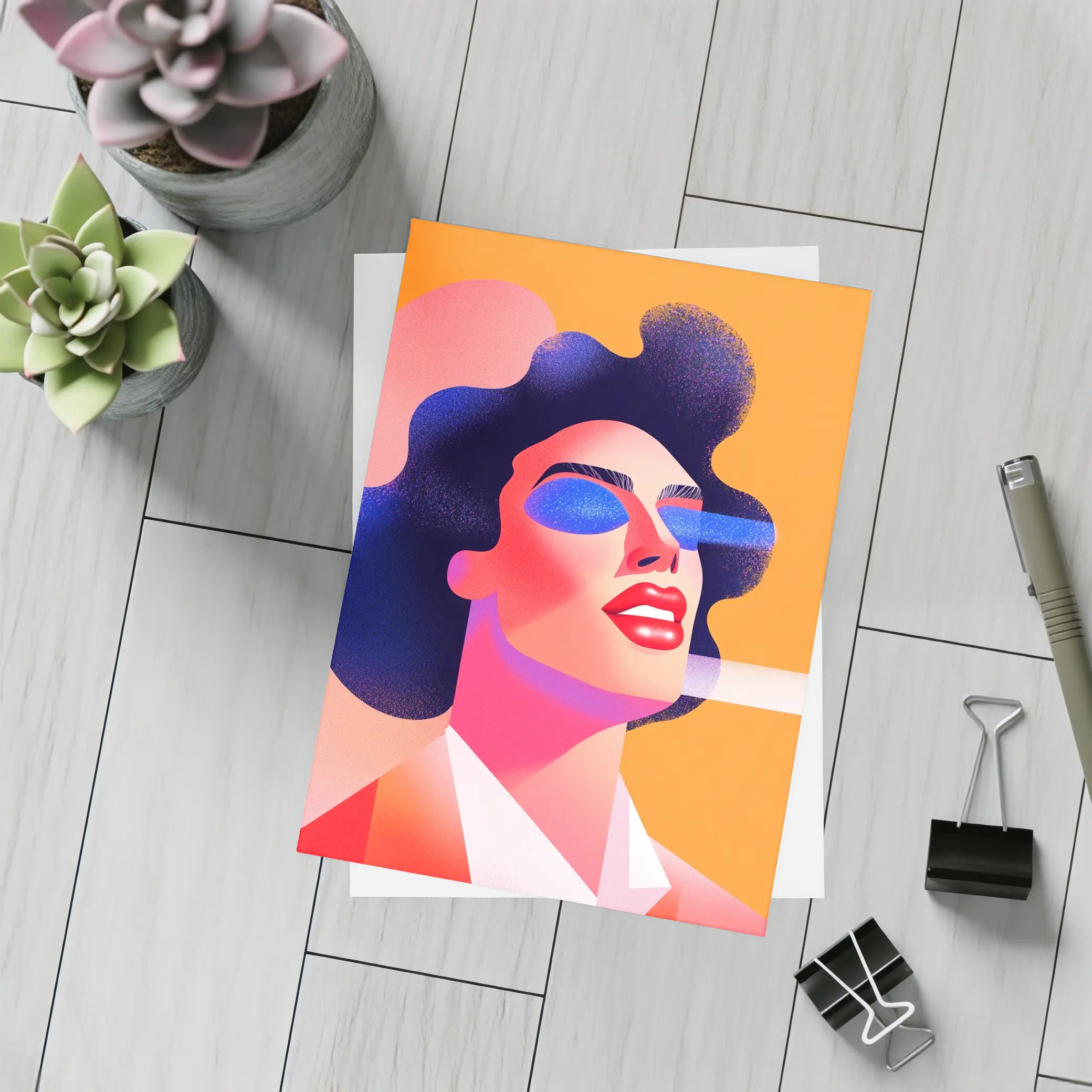 Bold Woman Portrait Geometric Pop Art Orange – Postcards