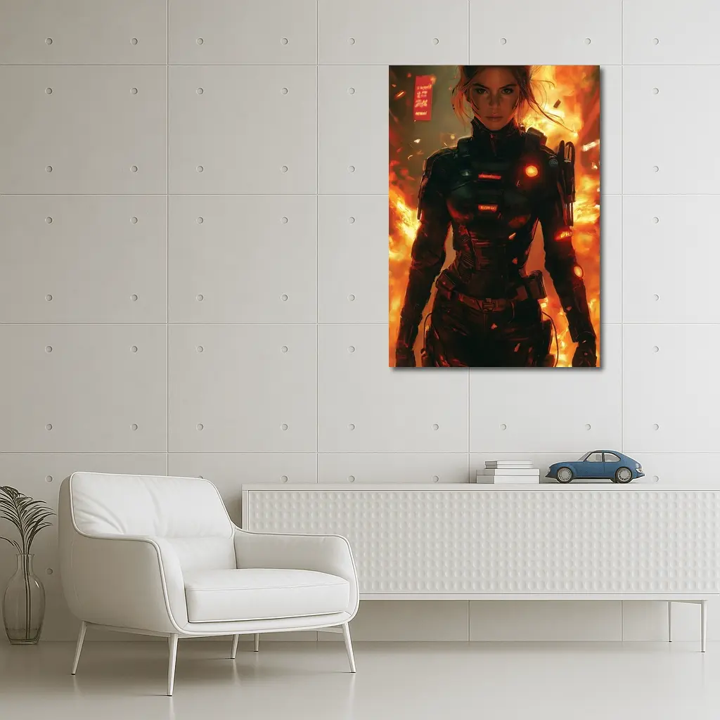 Cyberpunk Woman Warrior Fire Explosion Background – Wall Art