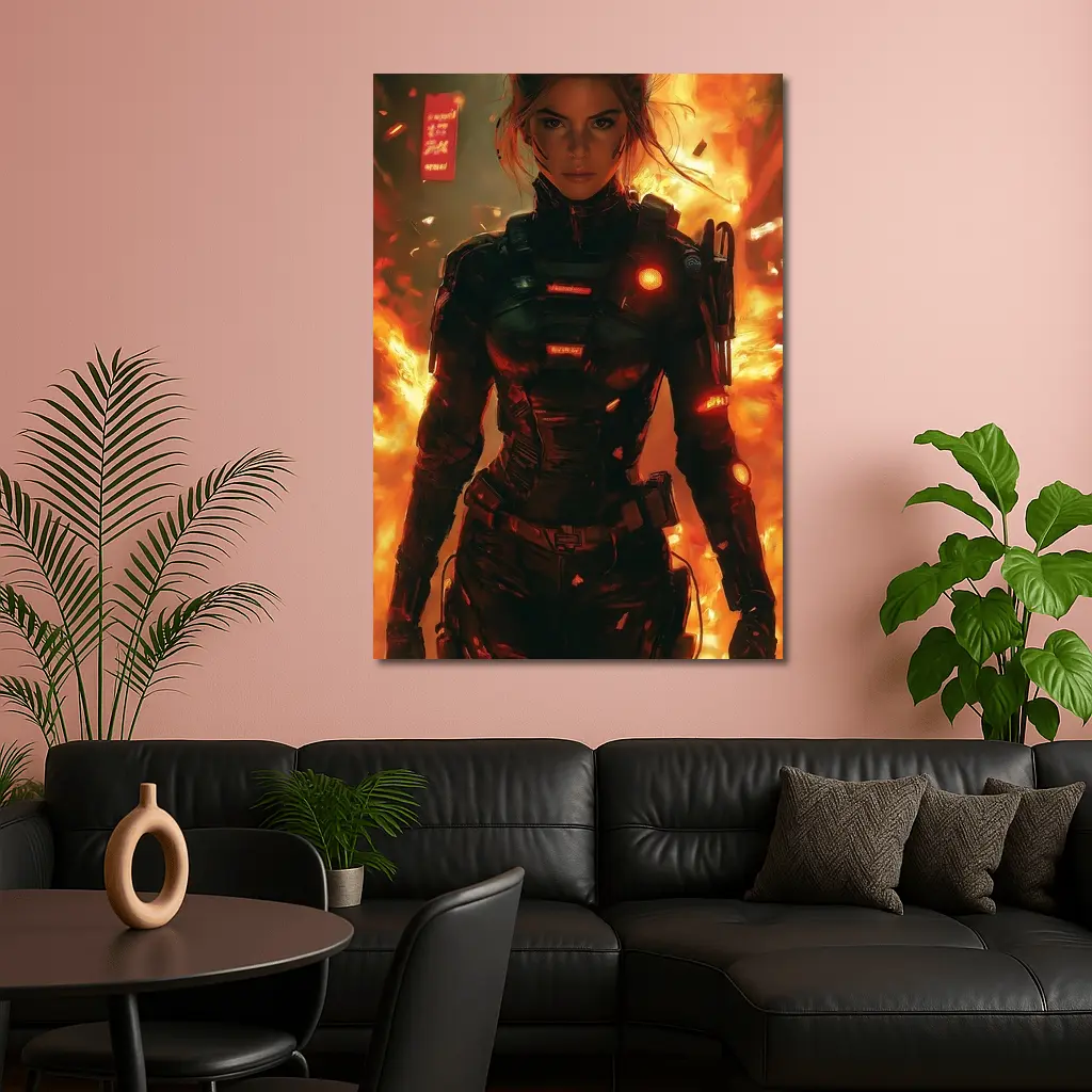 Cyberpunk Woman Warrior Fire Explosion Background – Wall Art