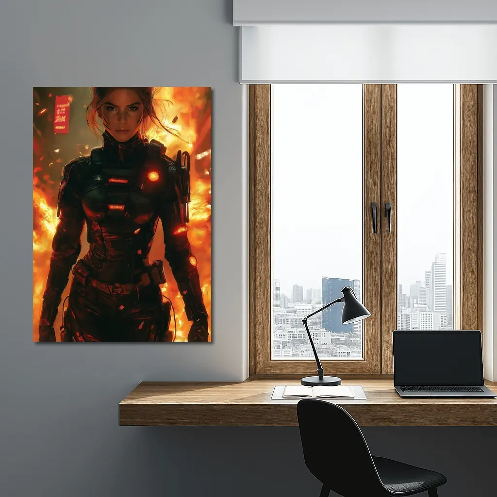 Cyberpunk Woman Warrior Fire Explosion Background – Wall Art
