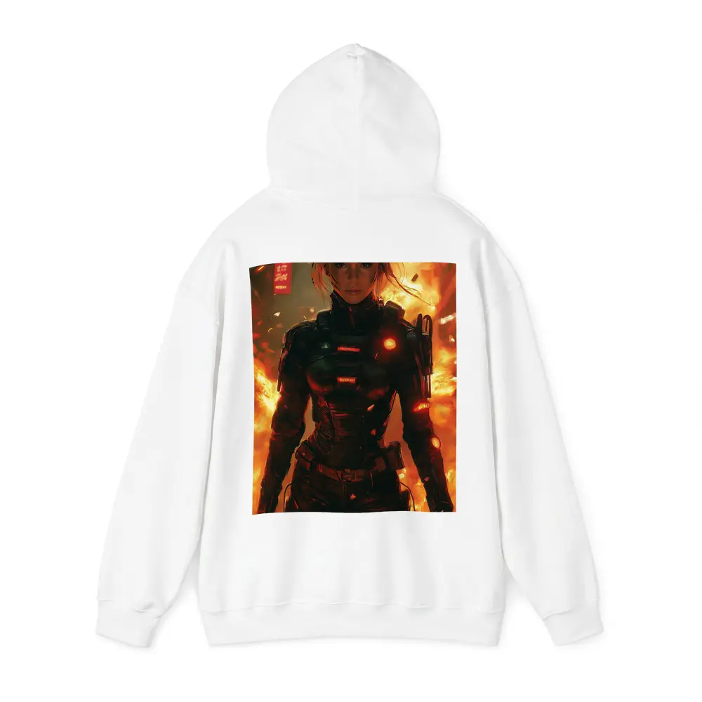 Cyberpunk Woman Warrior Fire Explosion Background – Hoodies