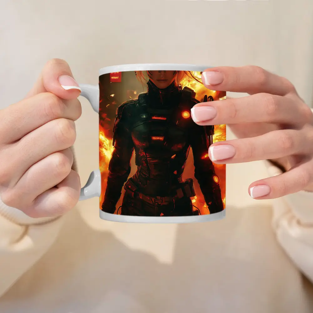 Cyberpunk Woman Warrior Fire Explosion Background – Mugs