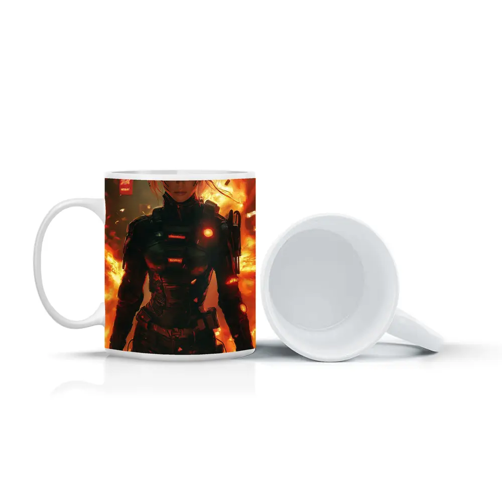 Cyberpunk Woman Warrior Fire Explosion Background – Mugs