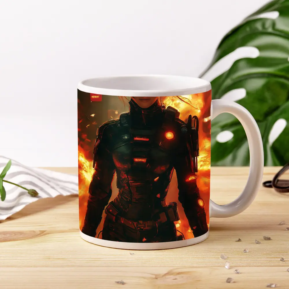 Cyberpunk Woman Warrior Fire Explosion Background – Mugs