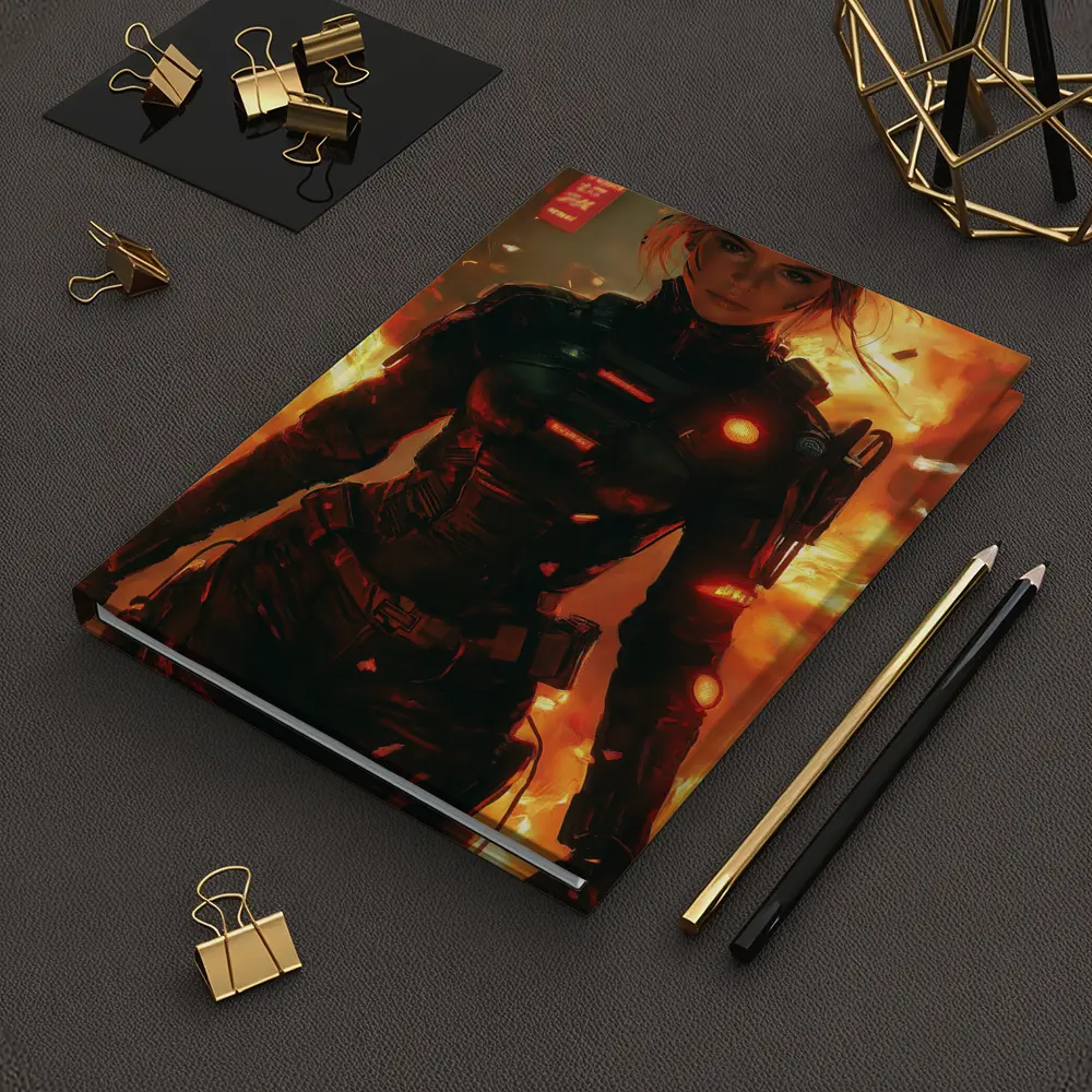Cyberpunk Woman Warrior Fire Explosion Background – Notebooks