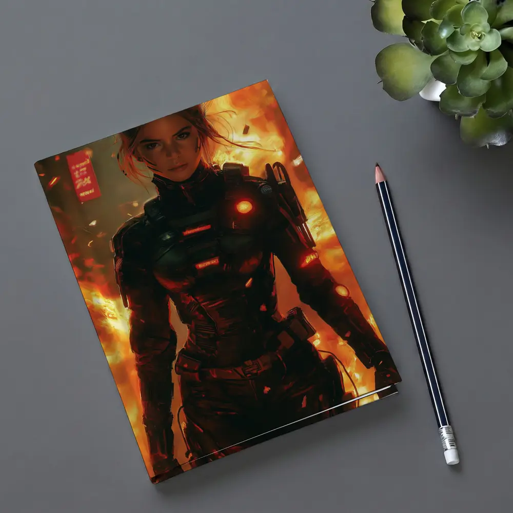 Cyberpunk Woman Warrior Fire Explosion Background – Notebooks