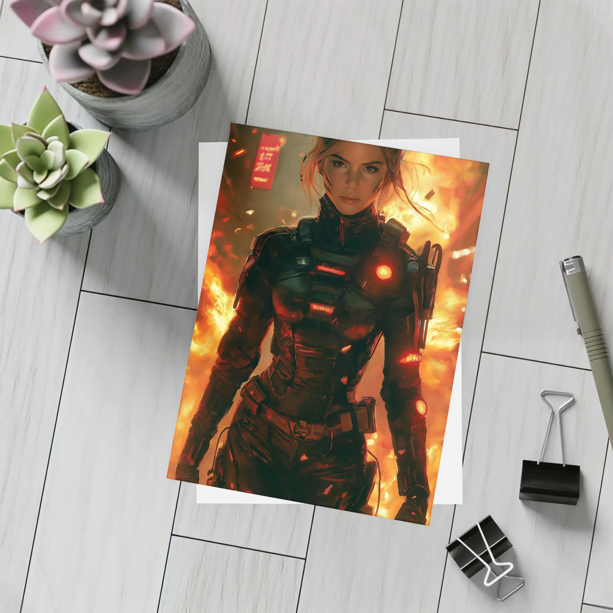 Cyberpunk Woman Warrior Fire Explosion Background – Postcards