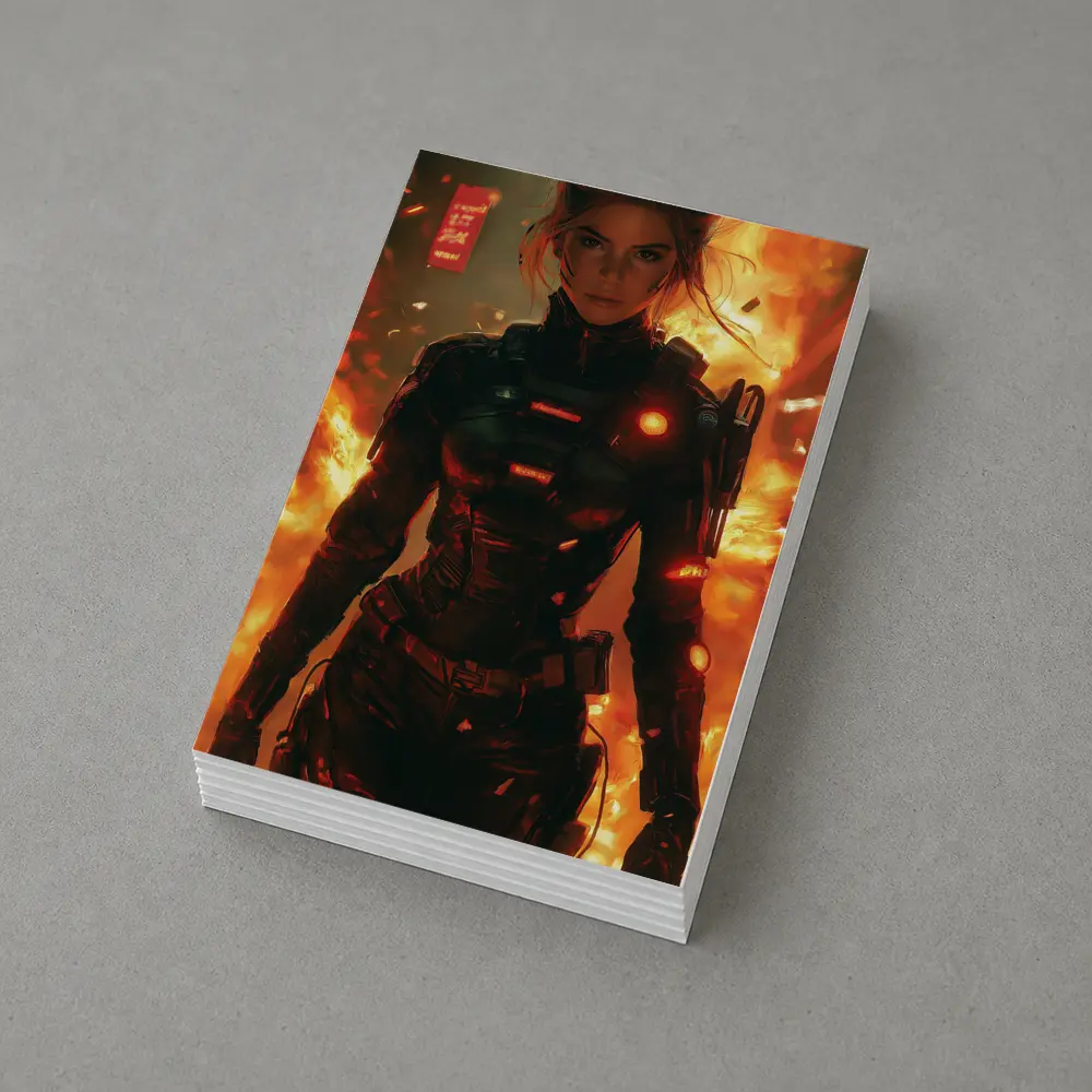 Cyberpunk Woman Warrior Fire Explosion Background – Postcards