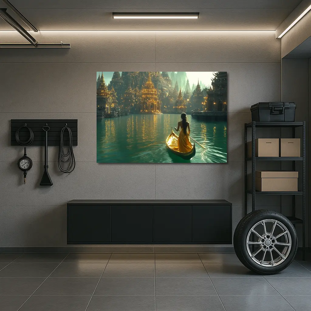 Woman in Golden Gondola Fantasy City – Wall Art