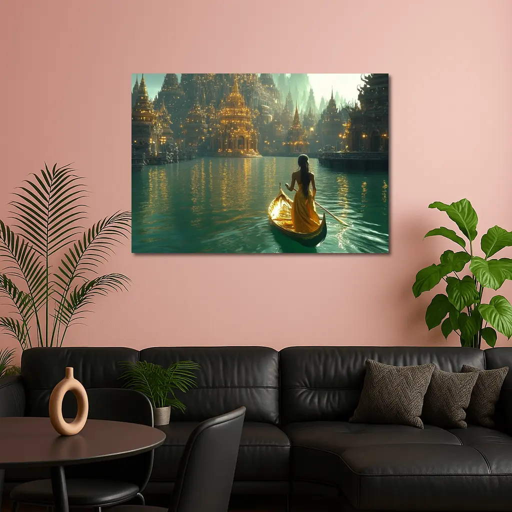 Woman in Golden Gondola Fantasy City – Wall Art