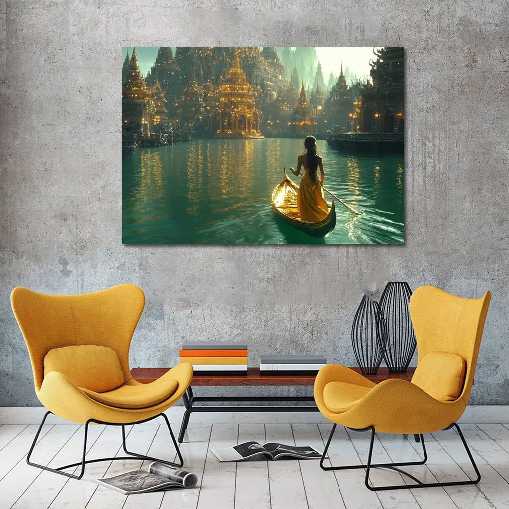 Woman in Golden Gondola Fantasy City – Wall Art