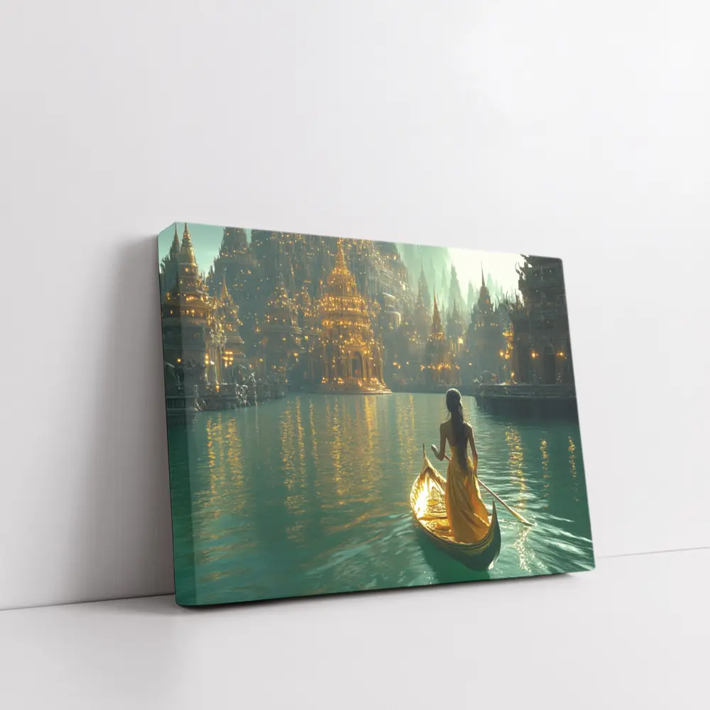 Woman in Golden Gondola Fantasy City – Wall Art