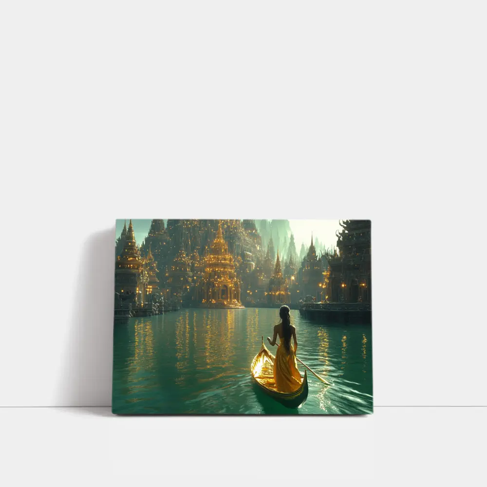 Woman in Golden Gondola Fantasy City – Wall Art
