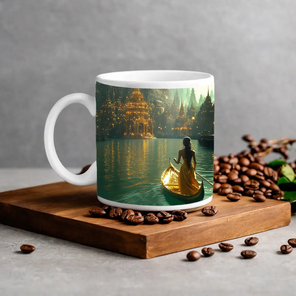 Woman in Golden Gondola Fantasy City – Mugs