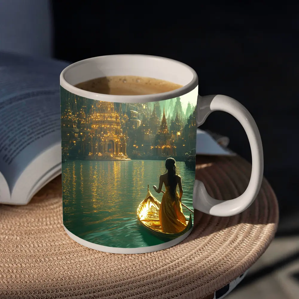 Woman in Golden Gondola Fantasy City – Mugs
