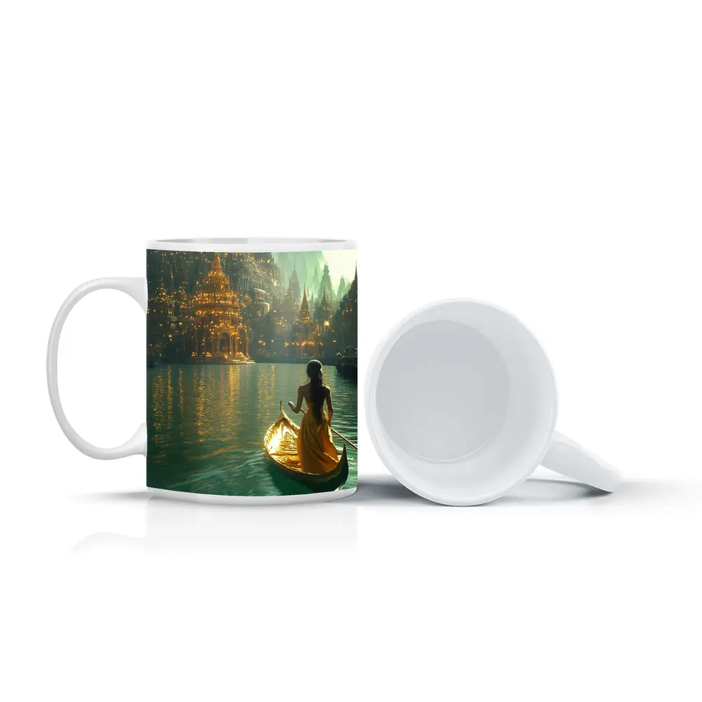 Woman in Golden Gondola Fantasy City – Mugs
