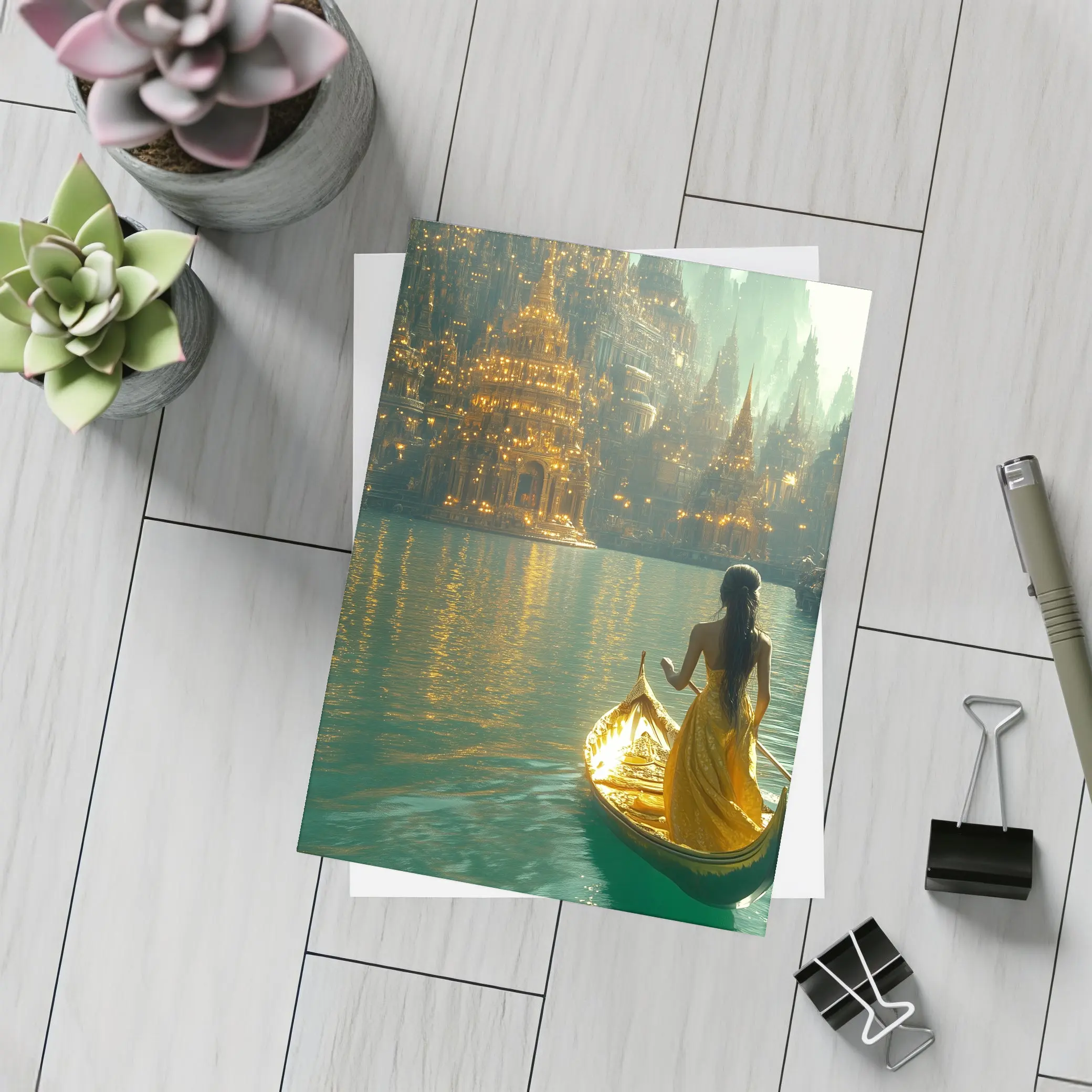 Woman in Golden Gondola Fantasy City – Postcards
