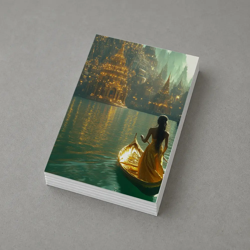 Woman in Golden Gondola Fantasy City – Postcards