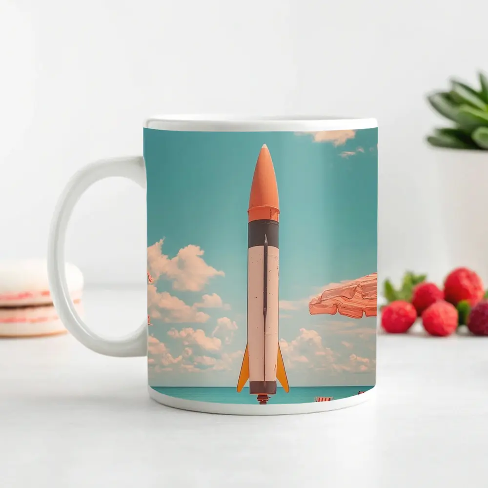 Retro Rocket On Sunny Beach Summer – Mugs