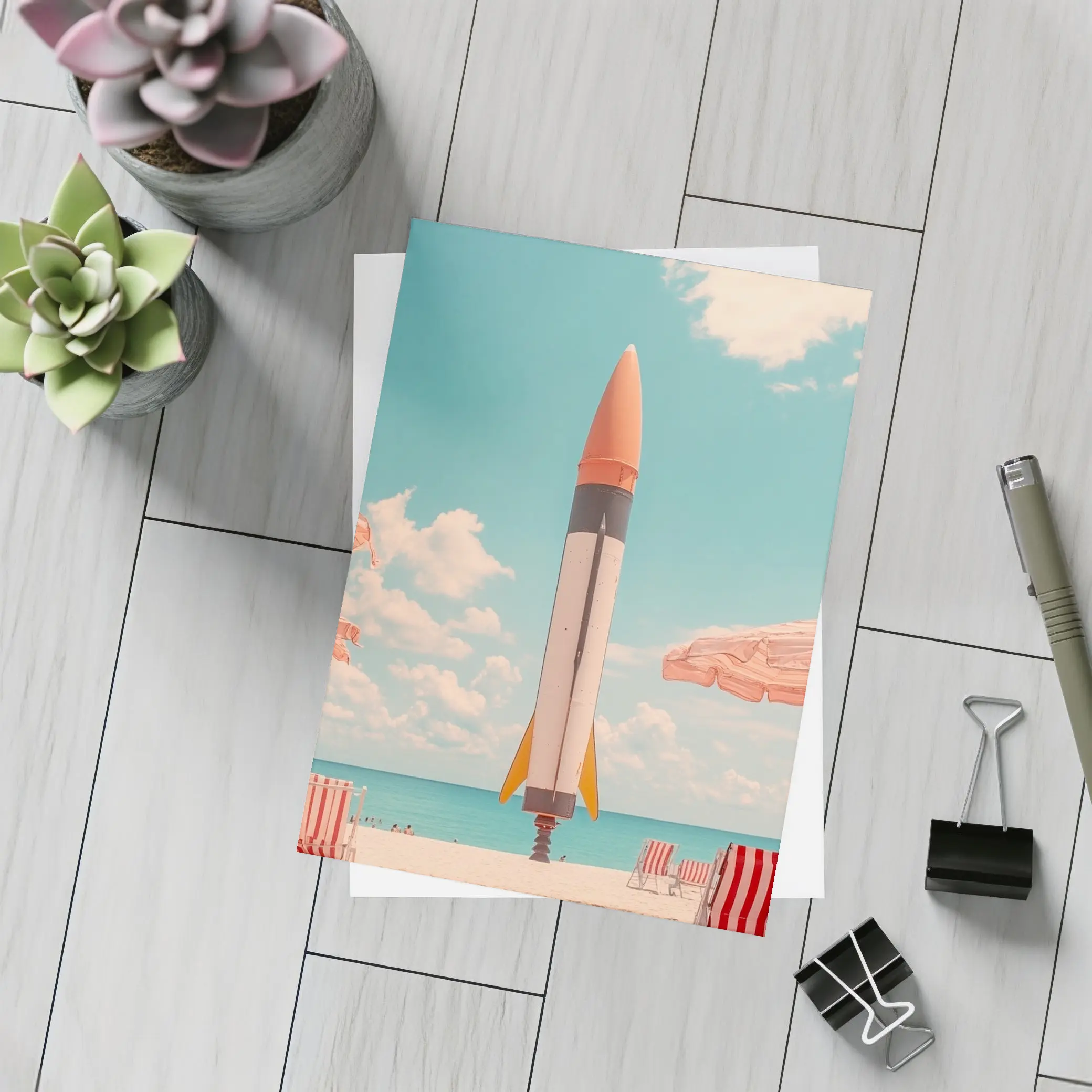 Retro Rocket On Sunny Beach Summer – Postcards
