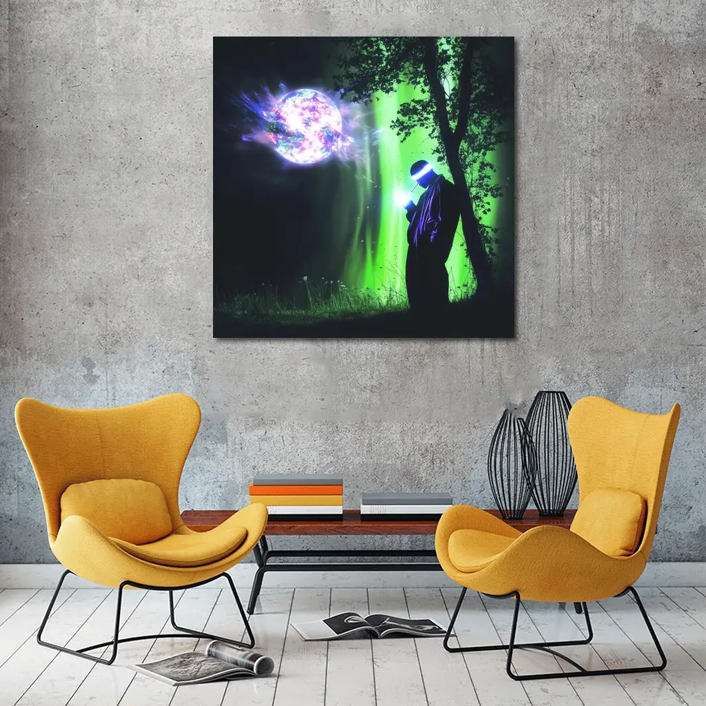 Cyberpunk Wizard Glowing Orb Dark Forest – Wall Art