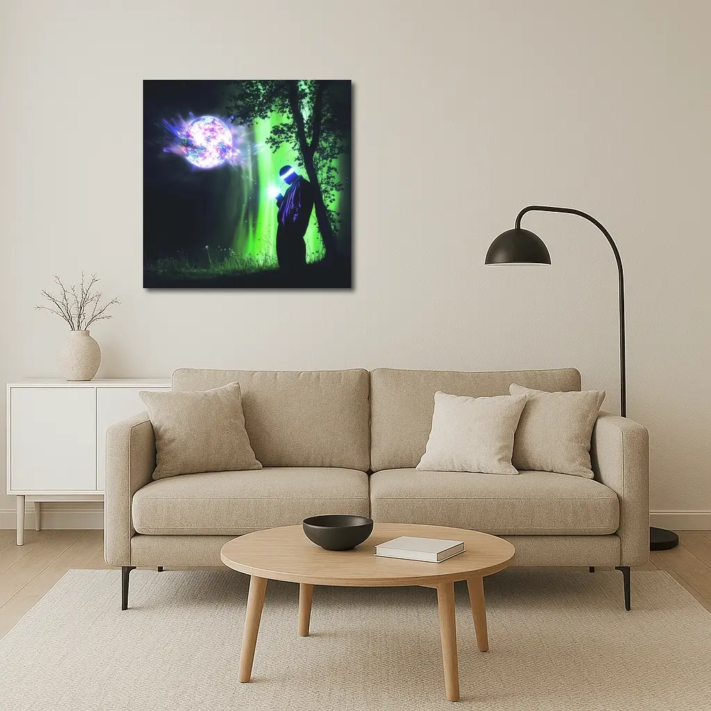 Cyberpunk Wizard Glowing Orb Dark Forest – Wall Art
