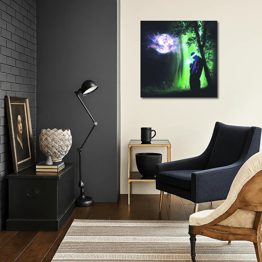 Cyberpunk Wizard Glowing Orb Dark Forest – Wall Art