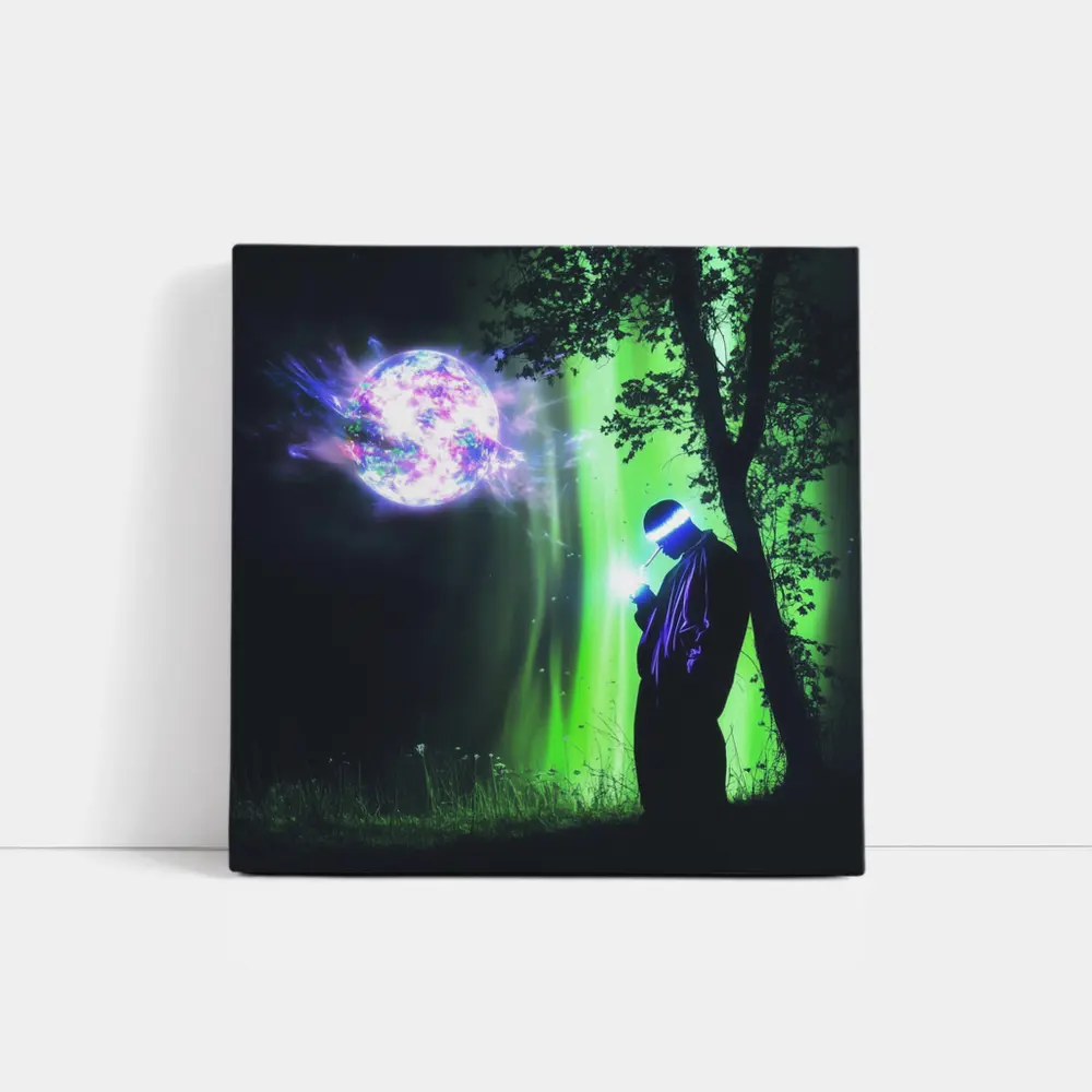 Cyberpunk Wizard Glowing Orb Dark Forest – Wall Art